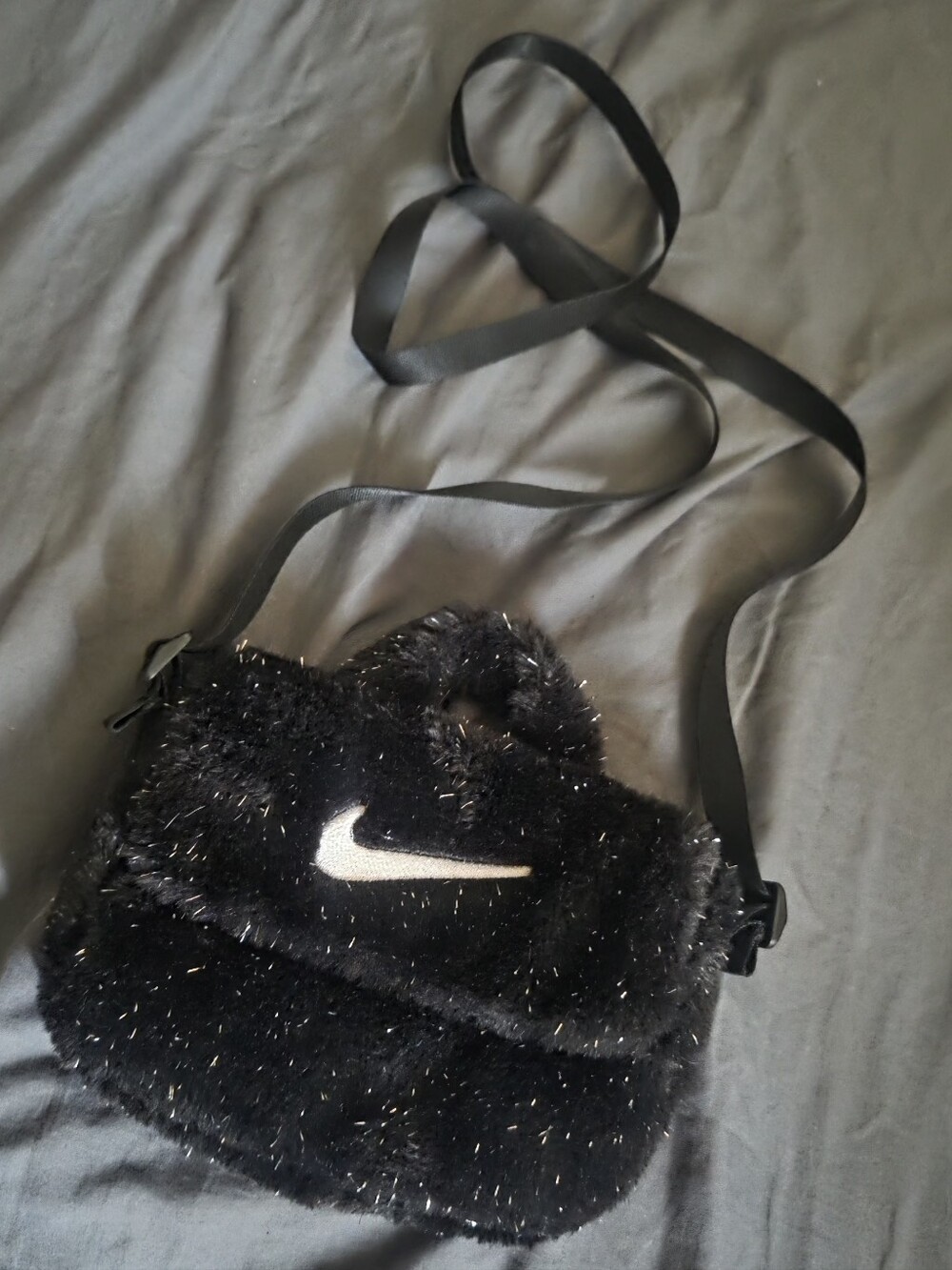 Nike Black Faux-Fur Crossbody Bag with Swoosh